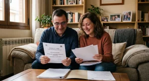 Pareja de afectados por el IRPH leyendo con alivio y alegría la sentencia judicial que condena a BBVA a devolverles su dinero.