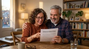 Una pareja de mediana edad sonríe con alivio y alegría en el salón de su casa mientras leen juntos una sentencia judicial favorable que les permite recuperar los gastos de su hipoteca cobrados indebidamente por el banco.