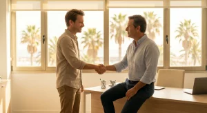 Cliente tranquilo estrechando la mano de su abogado inmobiliario en Las Palmas tras revisar con éxito las cláusulas de su contrato de alquiler.