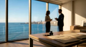 Carpeta de investigación bancaria en un escritorio del despacho de Roda Abogados en Las Palmas, con dos abogados expertos analizando un caso de abusos financieros al fondo.