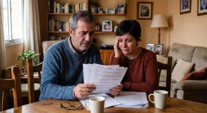 Pareja de afectados por el IRPH en su salón, con expresión de frustración y tristeza al leer la sentencia del Tribunal Supremo contra la entidad UCI.