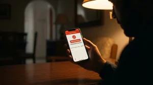Hombre sosteniendo un móvil que muestra una transferencia por Bizum rechazada para evitar un falso contrato de alquiler verbal.