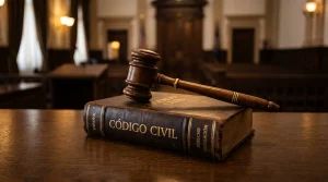 Primer plano de un mazo de madera de juez descansando sobre un libro antiguo de cuero titulado 'Código Civil Español'. Iluminación dramática y cálida en una sala de juicios. Imagen que representa la interpretación legal del artículo 3.1 del Código Civil en conflictos de alquiler de viviendas en Canarias.