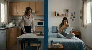 Contraste en un alquiler de habitación en Canarias: propietaria estresada revisando contratos en la cocina moderna frente a inquilina joven relajada tomando café en su cuarto alquilado.