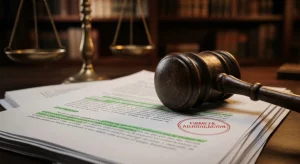 Mazo de juez sobre documentos de ejecución hipotecaria con sello de firmeza del Decreto de adjudicación.