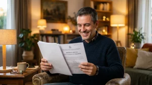 Hombre de mediana edad sonriendo aliviado al leer la sentencia judicial que le concede el fallo favorable como consumidor en una reclamación de gastos hipotecarios contra el banco.