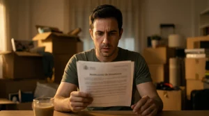 Inquilino muestra preocupación y shock al leer una notificación legal de desahucio por finalización de contrato de alquiler, con cajas de mudanza desenfocadas al fondo.