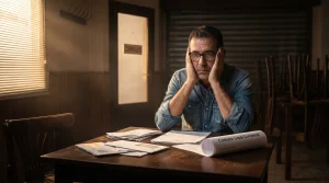 Un inquilino desesperado en el interior de su local comercial (un bar) en Las Palmas de Gran Canaria, que está cerrado por causa mayor. El hombre, de mediana edad y con gafas, está sentado ante un escritorio lleno de facturas impagadas y un "Contrato de Arrendamiento Local Comercial". Se ve un cartel de "CERRADO" en la ventana al fondo. La imagen tiene una iluminación dramática y cálida que enfatiza su dolor.