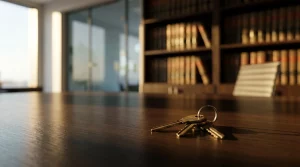 Primer plano de unas llaves de casa sobre una mesa de madera elegante en un despacho de abogados en Canarias, simbolizando la entrega de llaves tras el fin de un contrato de arrendamiento.