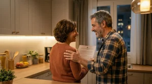 Pareja de mediana edad sonriendo en su cocina mientras leen una sentencia judicial favorable que condena al banco a devolver los gastos de su hipoteca.
