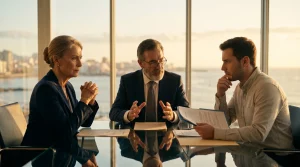 Abogados expertos en derecho inmobiliario en Las Palmas mediando en una negociación de contrato de alquiler entre propietario e inquilino.