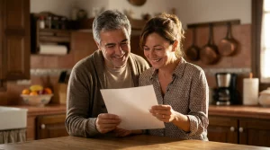 Una pareja de mediana edad sonríe con alivio y alegría en una cocina rústica mientras lee el documento de la sentencia favorable contra ING Bank, n.º 845/2025 de la AP de Cáceres, que les devuelve los gastos hipotecarios y obliga al banco a pagar las costas procesales.