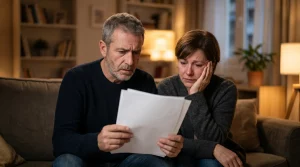 Pareja de mediana edad devastada en su hogar, sentados en un sofá con iluminación dramática y cálida, leyendo una sentencia judicial desfavorable sobre gastos hipotecarios contra Banco Santander, sin texto visible en el papel para resaltar su expresión de profunda tristeza y angustia. Fondo muy desenfocado (bokeh).