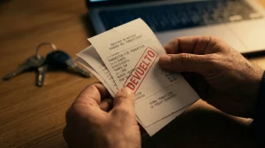 Primer plano de manos sosteniendo un recibo bancario con un gran sello rojo que dice 'DEVUELTO', utilizado como prueba fundamental en un juicio de impago de alquiler en Canarias.