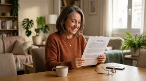Una mujer de mediana edad sonríe felizmente en su oficina en casa al leer una sentencia judicial favorable de la Audiencia Provincial de León que condena a ING Bank a devolver gastos de hipoteca. El documento es claramente legible.