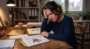 Fotografía de una mujer con expresión preocupada y la cabeza en la mano, sentada ante un escritorio de madera con documentos legales, un ordenador portátil cerrado y un gran manojo de llaves antiguas. La imagen simboliza el estrés y el riesgo de perder una vivienda heredada con contrato de renta antigua por no realizar la subrogación legal tras un fallecimiento, tal como se analiza en la Sentencia n.º 195/2026 de la Audiencia Provincial de Barcelona.