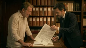 Imagen ilustrativa en la que un propietario en Canarias recibe con alivio noticias de una sentencia favorable explicada por un abogado especializado en arrendamientos y desahucios. (Representación del tipo de servicio ofrecido por Roda Abogados).