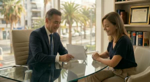 Abogado experto en derecho inmobiliario de Roda Abogados explicando un contrato de alquiler tradicional a una clienta en Las Palmas de Gran Canaria.