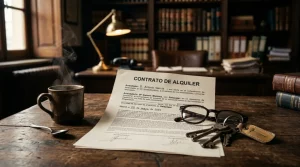 Contrato de alquiler sobre un escritorio clásico de madera junto a unas llaves en un despacho de abogados expertos en derecho inmobiliario.