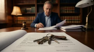 Llaves de una vivienda apoyadas sobre un contrato de arrendamiento, con un abogado experto en derecho inmobiliario analizando documentos al fondo.