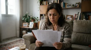 Mujer afectada por abusos bancarios sentada en un sofá leyendo papeles con expresión de preocupación y frustración.
