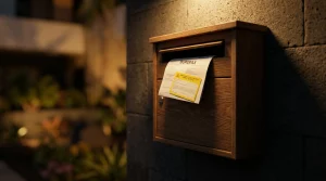 Buzón con un burofax de notificación legal asomando. Representa el aviso de fin de contrato de alquiler a un inquilino y los problemas de desahucio por no recoger el correo.