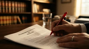 Mano de un abogado inmobiliario corrigiendo con bolígrafo rojo un error de fecha en un requerimiento notarial de desalojo de un local de alquiler.