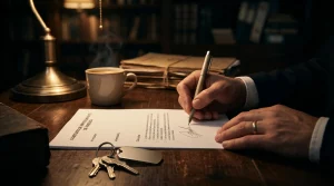 Hombre con traje firmando un contrato de arrendamiento de vivienda sobre un escritorio de madera junto a unas llaves. Representa la defensa legal de un inquilino frente a un fondo de inversión.