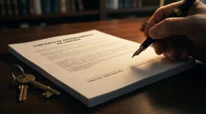 Mano firmando un contrato de arrendamiento de vivienda con una pluma estilográfica, junto a unas llaves sobre la mesa de madera de un despacho.