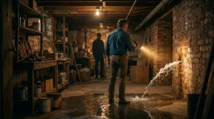 Propietario iluminando con una linterna una fuga de agua por rotura de tubería antigua empotrada en la pared de un local alquilado.