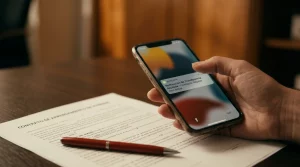 Mano sosteniendo un teléfono móvil que muestra una notificación de pago de alquiler sobre un contrato de arrendamiento, prueba clave en un juicio para evitar desahucios.