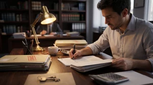 Abogado experto en derecho inmobiliario revisando un expediente de desahucio por impago de alquiler en su despacho.