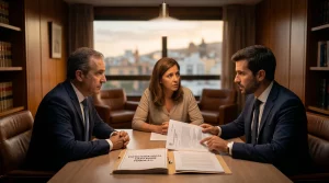 Imagen conceptual que representa a dos abogados expertos en derecho inmobiliario de Roda Abogados reunidos en su despacho de Las Palmas con una clienta, analizando un contrato de alquiler y los plazos legales para la compra de una vivienda.