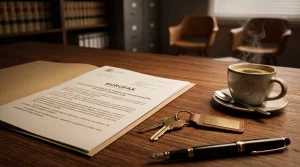 Documento de burofax sobre una mesa de madera junto a unas llaves de vivienda. Representa el aviso legal para finalizar un contrato de alquiler en tácita reconducción y evitar problemas de desahucio.