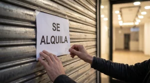 Persona colocando un cartel de se alquila en la persiana metálica cerrada de un local comercial.