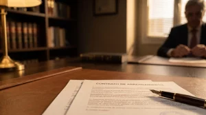 Primer plano de un contrato de arrendamiento sobre la mesa de un abogado experto en derecho inmobiliario en Canarias.