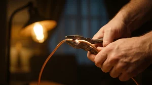 Propietario cortando los cables del suministro eléctrico con unos alicates. Riesgos legales y delito de coacciones por cortar la luz a un inquilino moroso o a un okupa.