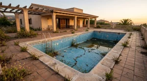 Piscina vacía y destrozada en el jardín de una casa. Ejemplo de daños causados por inquilinos al finalizar un contrato de alquiler.