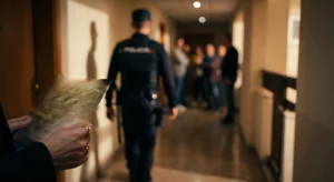 Primer plano de una abogada sosteniendo un folio nítido sobre demandas por actividades molestas según el artículo 27.2.e de la LAU, con un policía difuminado al fondo de un pasillo.