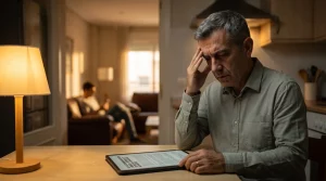 Propietario preocupado consultando en una tablet el artículo 8.2 de la Ley de Arrendamientos Urbanos sobre la extinción del subarriendo, con el subarrendatario ocupando el sofá al fondo.