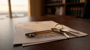 Llaves sobre un documento de orden de lanzamiento tras ganar un juicio para anular un contrato de alquiler falso.