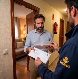 Inquilino preocupado recibiendo en la puerta de su vivienda un burofax de desahucio entregado por un cartero de Correos.