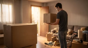 Hombre joven mudándose de un apartamento desordenado con cajas de cartón y luz solar, tras una sentencia judicial de alquiler.