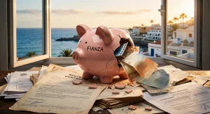 Hucha rota con la palabra 'FIANZA' sobre documentos legales y contratos de alquiler, con billetes de euro derramándose. Vista de Las Palmas de Gran Canaria al fondo.