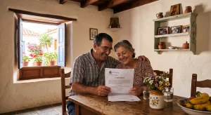 Pareja de propietarios canarios leyendo con alivio la sentencia del Tribunal Supremo que salva la inversión de su alquiler frente a un retracto.