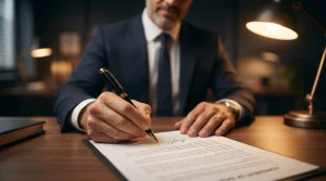Abogado experto en desahucios y derecho inmobiliario en Canarias firmando demanda por impago de alquiler.