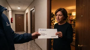 Cartero entregando un burofax certificado a una inquilina preocupada en la puerta de su vivienda para notificar el fin del contrato de alquiler.