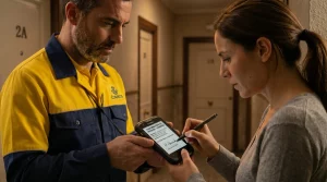 Mujer inquilina firmando en una PDA la recepción de un burofax entregado por un cartero de Correos para notificar el fin del contrato de alquiler.