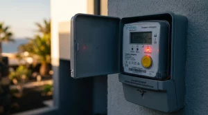 Contador de luz inteligente en caja exterior de una vivienda, representativo de reclamaciones por impago de suministros en un alquiler.