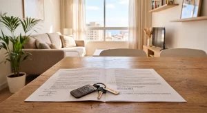 Contrato de arrendamiento urbano abierto sobre una mesa de madera con un juego de llaves de vivienda y salón luminoso al fondo.